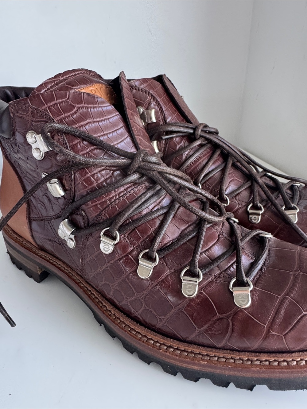 Caporicci genuine alligator Brown Leather Lace-Up Hiking Boots
